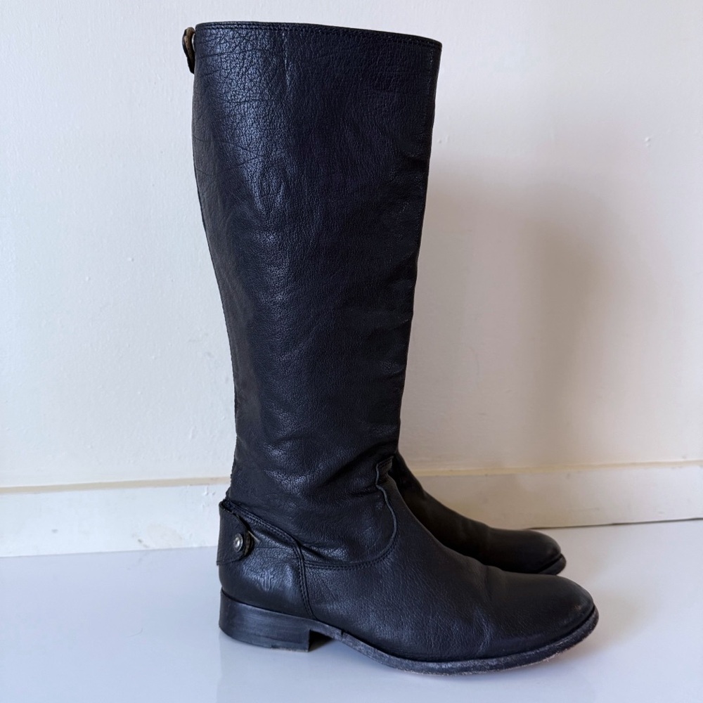 Frye Black Leather Knee-High Heeled Boots